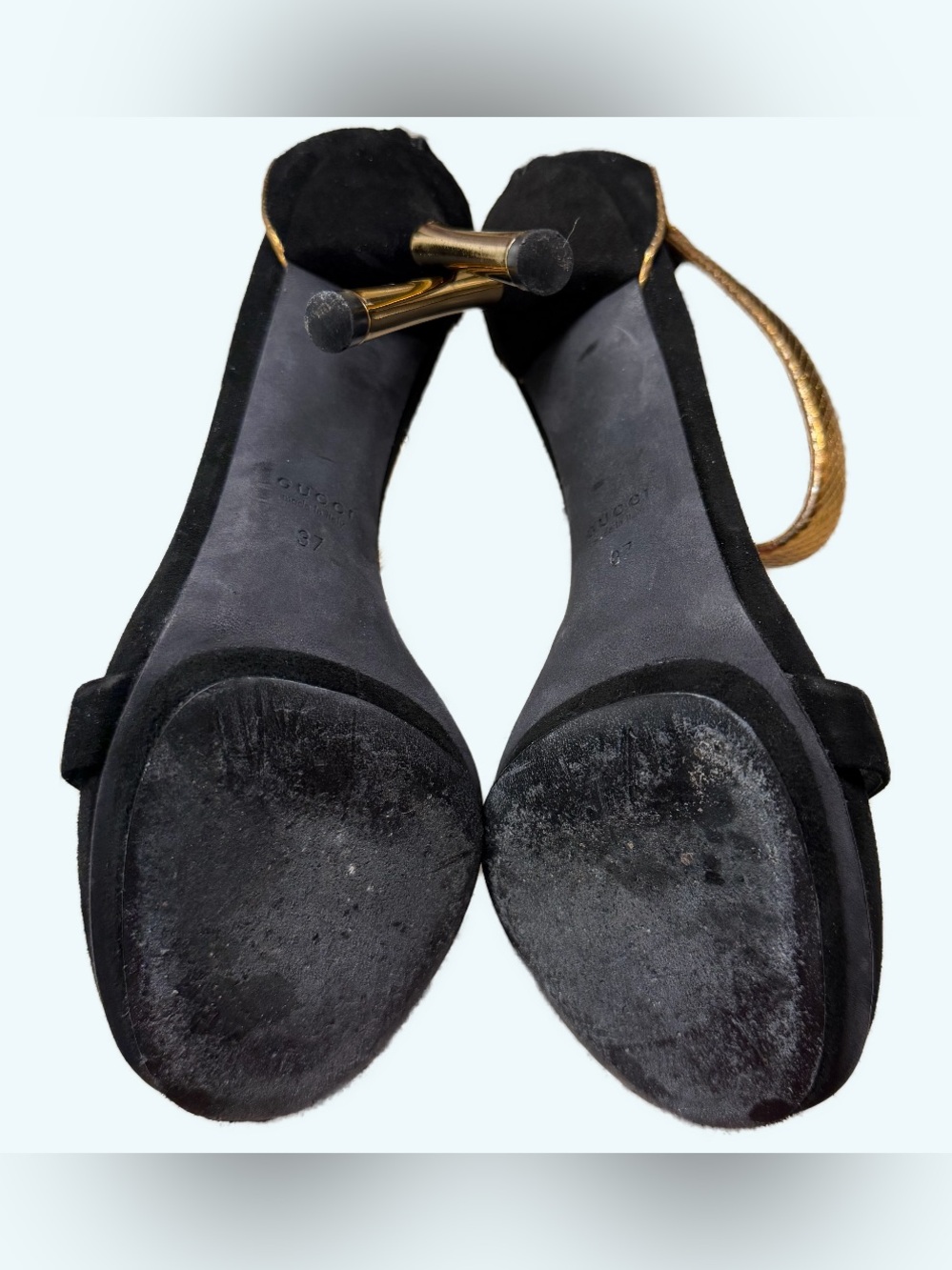 Gucci Black Suede Stiletto Sandals with Gold Ankle Straps - Picture 6 of 7
